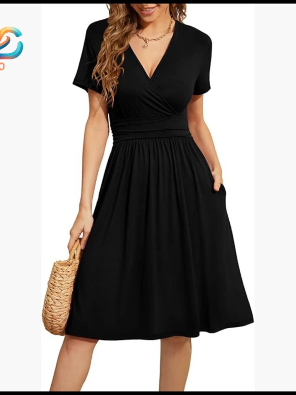 Short Sleeve V-Neck Floral A-Line Dress with Pockets, Knee Length